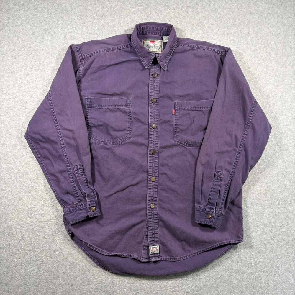 Vintage Levis Button Down Shirt Mens Medium Purple Long Sleeve Cotton Distressed